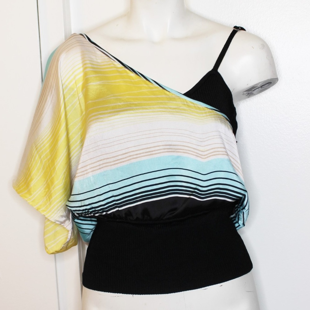 Bebe One Shoulder Yellow Aqua Stripe Top M